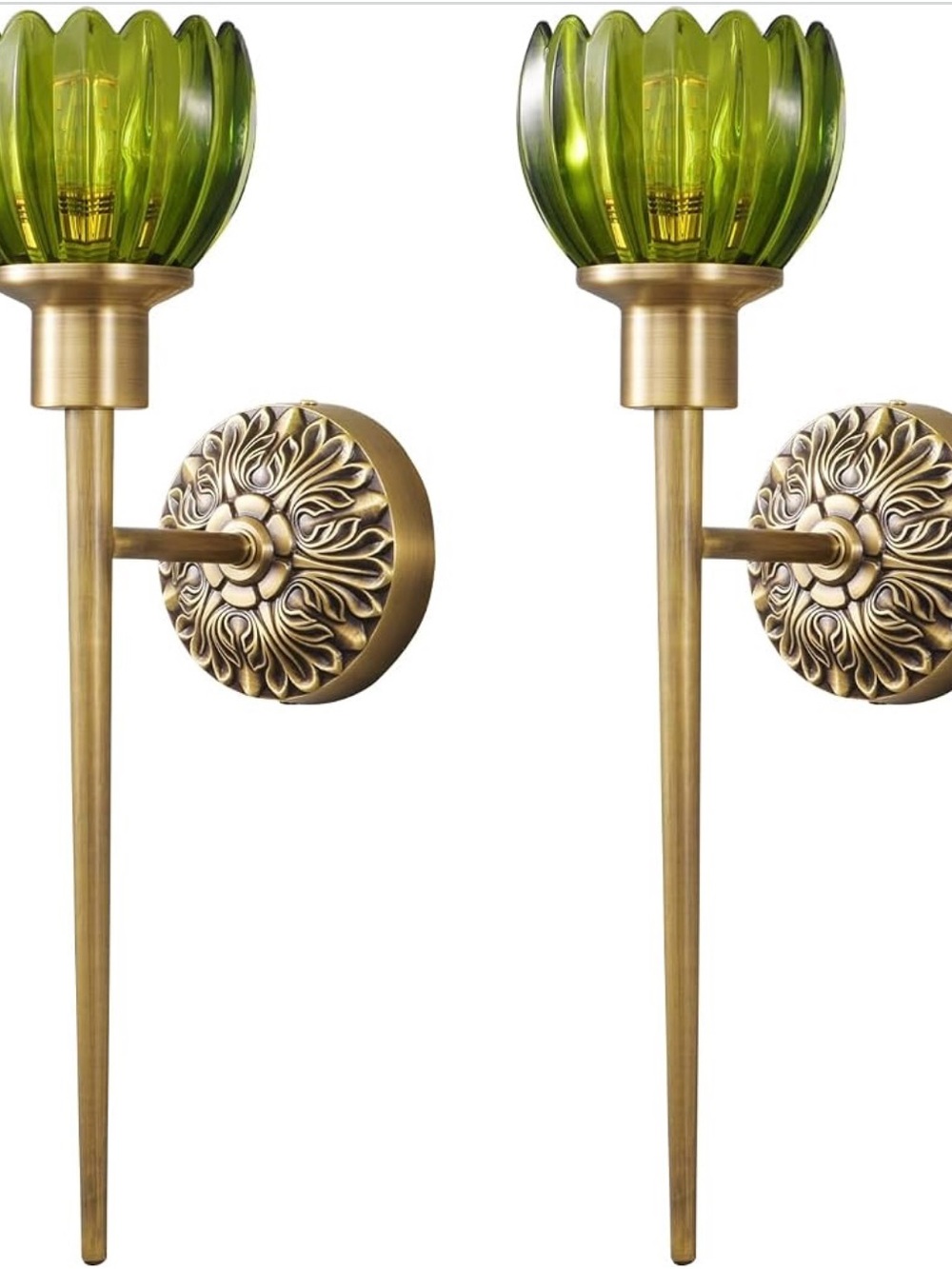 Astoria Grand Brass Wall Hook Sconce with Green Glass Shades